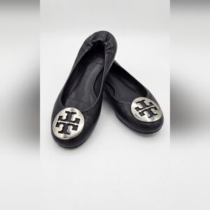 Tory Burch Black Leather Logo Medallion Ballet Flats,size 4.5